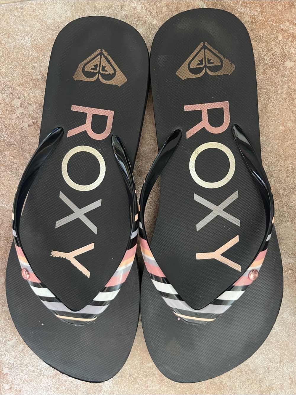Roxy Black Flip Flops with Pink, Cream & Tan Accents